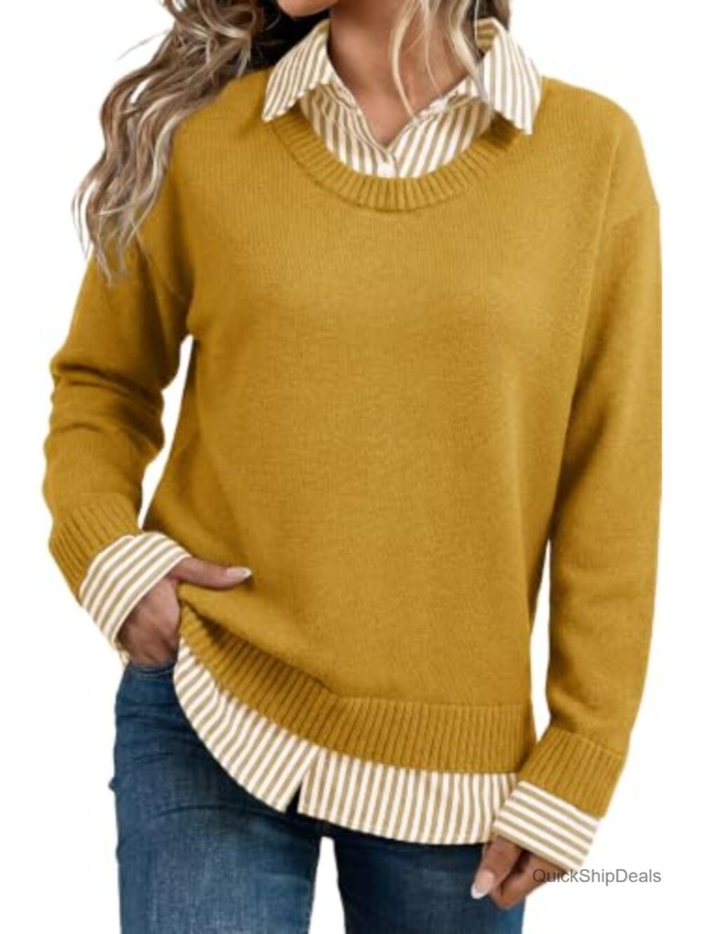 Women's Polo V Neck Long Sleeve Knit Pullover Sweater